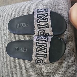 Pink brand glitter slides